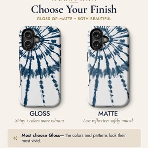 two phone cases with different finishes: a shiny finish and a matte finish. The shiny finish has a more vibrant color and pattern, while the matte finish has a softer, less reflective appearance. The text suggests that the choice of finish depends on personal preference and the desired look of the phone case.