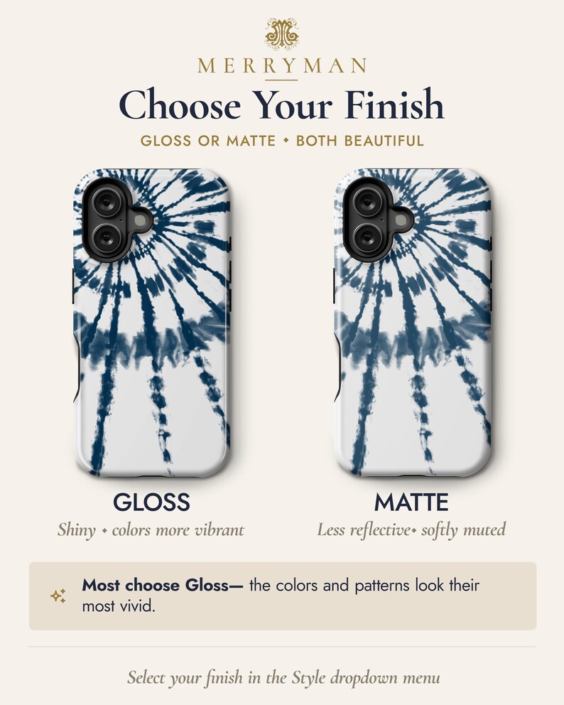 two phone cases with different finishes: a shiny finish and a matte finish. The shiny finish has a more vibrant color and pattern, while the matte finish has a softer, less reflective appearance. The text suggests that the choice of finish depends on personal preference and the desired look of the phone case.