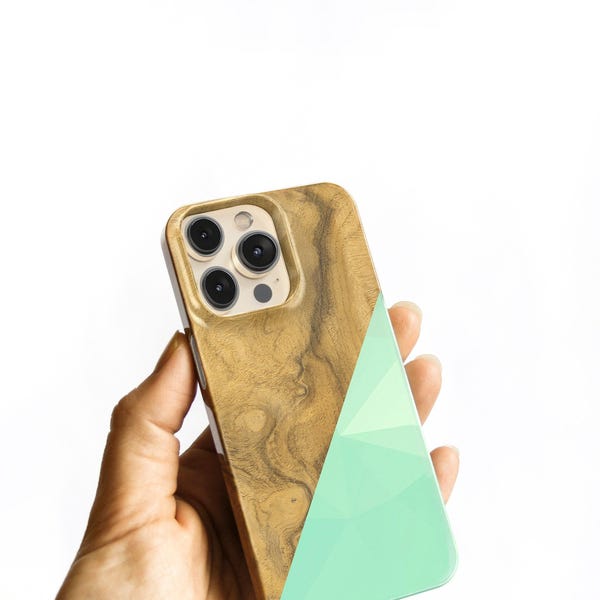 Phone Case Mint Geometric Wood Print iPhone 15 14 Pro Max Case 13 17e Mini Faux Wooden iPhone 14 Plus, Triangle  S26 Ultra C-WOGEOMNT