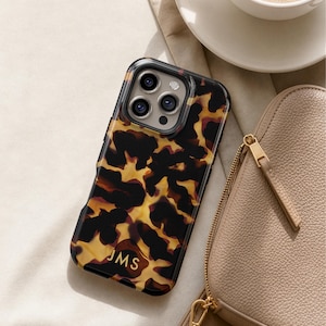 Tortoise Shell Phone Case - Custom Initials Classic Tortoiseshell iPhone 17 16 15 14 MagSafe Galaxy S26 S25 Personalized | Gift for Her