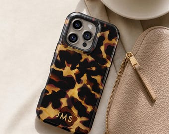 Tortoise Shell Phone Case - Custom Initials Classic Tortoiseshell iPhone 17 16 15 14 MagSafe Galaxy S26 S25 Personalized | Gift for Her