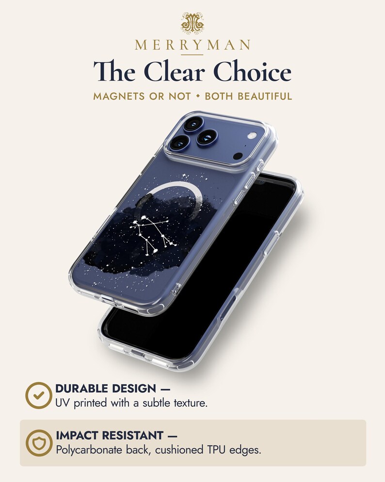 a phone case with a clear design, including a night sky and constellation pattern. The case is described as durable, UV printed with a subtle texture, and impact resistant, with a polycarbonate back and cushioned TPU edges.