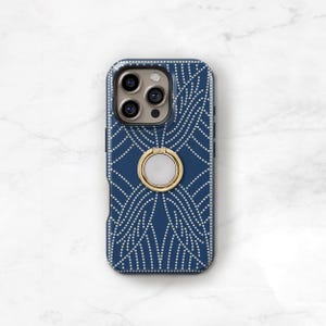 Boho Dotted Phone Case with Gold Ring Grip – Indigo Print for iPhone 16 15 14 SE, Pixel or Galaxy S25 Plus Kickstand - Finger Loop C-DOTB-RG