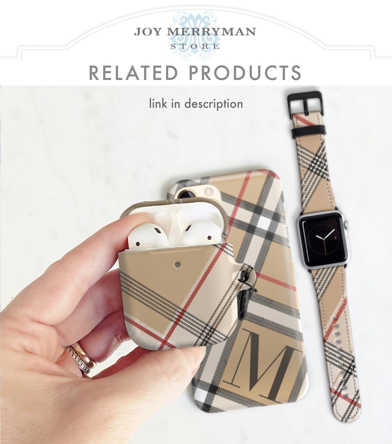 May include: A set of three phone accessories in a beige and black plaid pattern. The set includes a phone case, a watch band, and a case for AirPods. The phone case has a large letter "M" on the back.