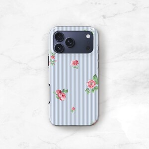 Blue Stripe Phone Case with Pink Flowers, Preppy iPhone 17 16 15 MagSafe 14 13 Pro Max 17e Monogram Name on Seersucker S24 S25 Plus C-PSF immagine 5
