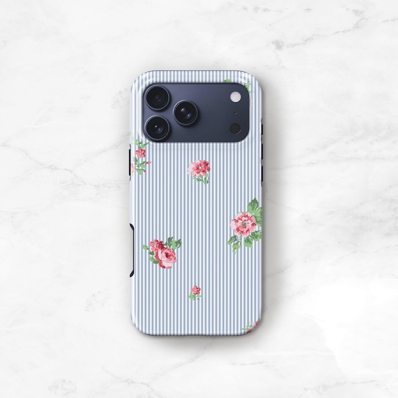 Blue Stripe Phone Case with Pink Flowers, Preppy iPhone 17 16 15 MagSafe 14 13 Pro Max 17e Monogram Name on Seersucker S24 S25 Plus C-PSF immagine 5
