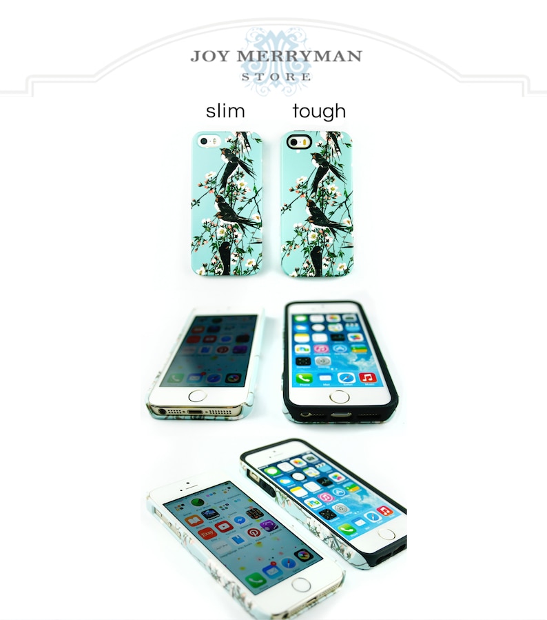 May include: Two iPhone cases with a blue background and a floral pattern with birds. The cases are labeled "slim" and "tough".