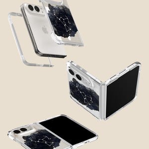 a clear phone case with a black and white design depicting a constellation pattern.