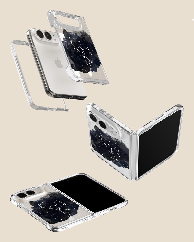 a clear phone case with a black and white design depicting a constellation pattern.