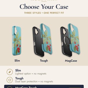 The image is an advertisement for a phone case collection from the brand Merryman. It features three different phone cases with distinct designs, including a slim case, a tough case, and a magcase. The text highlights the different styles and their features, such as the slim case being a lightweight option with no magnets, the tough case providing dual layer protection with no magnets, and the magcase offering built-in magnets.