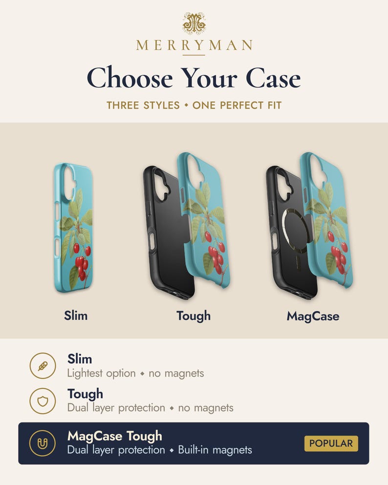 The image is an advertisement for a phone case collection from the brand Merryman. It features three different phone cases with distinct designs, including a slim case, a tough case, and a magcase. The text highlights the different styles and their features, such as the slim case being a lightweight option with no magnets, the tough case providing dual layer protection with no magnets, and the magcase offering built-in magnets.