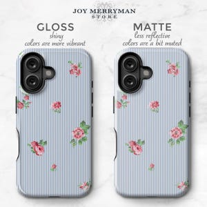 Blue Stripe Phone Case with Pink Flowers, Preppy iPhone 17 16 15 MagSafe 14 13 Pro Max 17e Monogram Name on Seersucker S24 S25 Plus C-PSF immagine 3
