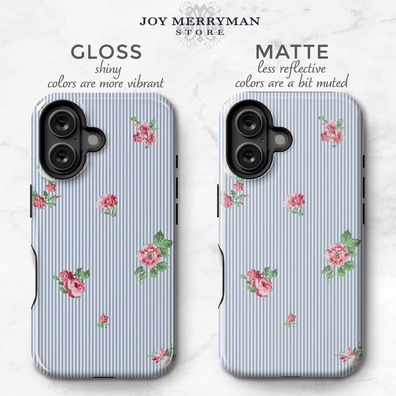 Blue Stripe Phone Case with Pink Flowers, Preppy iPhone 17 16 15 MagSafe 14 13 Pro Max 17e Monogram Name on Seersucker S24 S25 Plus C-PSF immagine 3