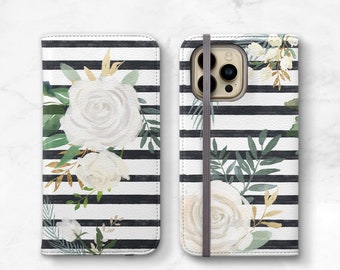 Floral Stripes iPhone Wallet Case Watercolor White Roses Aesthetic iPhone 14 Pro Max 13 12 11 Womens Wallet, 8 Plus Xs Se WC-WATROST