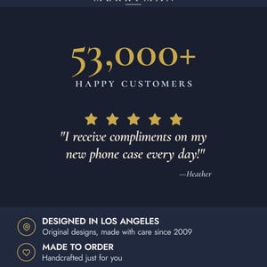 The image is a promotional graphic for a company called Merryman, featuring a statement about customer satisfaction and a quote from a customer. The image includes a list of features and a description of the product, which is a phone case.