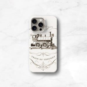 May include: White iPhone case with a black and white illustration of a train with the text "Train of Thought".