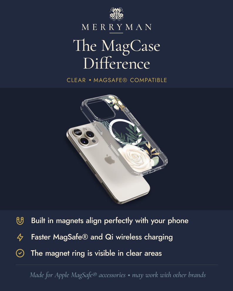 The image is an advertisement for a clear and magnetic phone case designed for Apple MagSafe accessories. The case is made of magnets that align perfectly with the phone, and it has a visible magnetic ring. The ad highlights that the case is built in magnets and can be used with other brands.