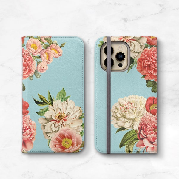 iPhone Wallet Case Peony Bunch on Blue iPhone 14 Pro Max 13 12 11 SE 2020 Xs 8 Plus Floral Womens Vegan Leather Flip Case WC-PEOBB