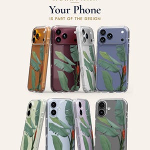 a collection of phone cases with various leaf designs, including palm leaves and other natural motifs.