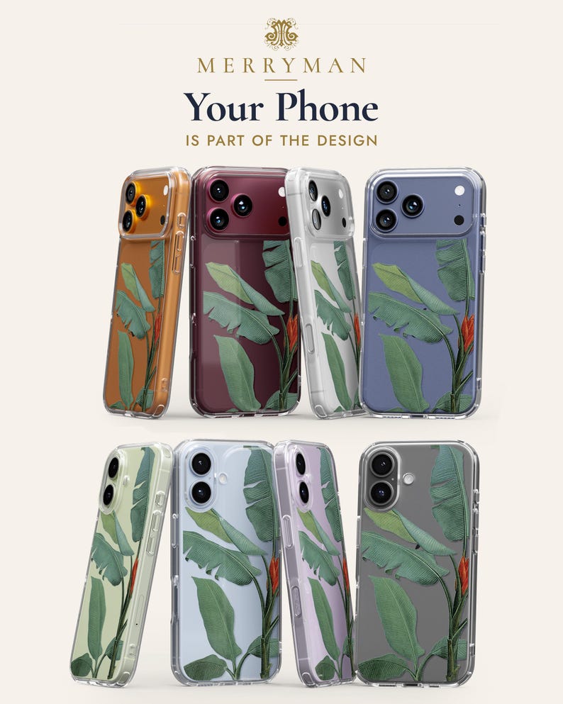 a collection of phone cases with various leaf designs, including palm leaves and other natural motifs.