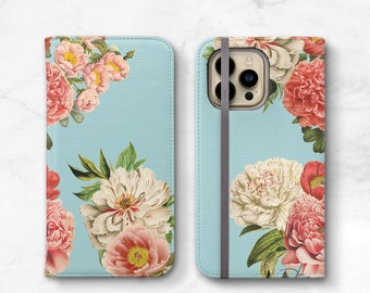 iPhone Wallet Case iPhone 14 Pro Max 13 11 12 Xs Floral Peony Bunch on Blue, iPhone 8 Plus Floral Womens Wallet SE 2020 WC-PEOBB