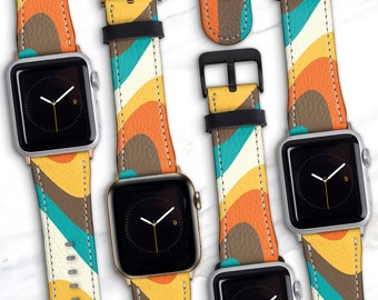 Retro Mod Apple Watch Band 41mm 45mm 42mm 44mm 49mm Groovy Vegan Leather Ultra Series 10 9 8 7 6 5 4 SE 70s Aesthetic WB-GV