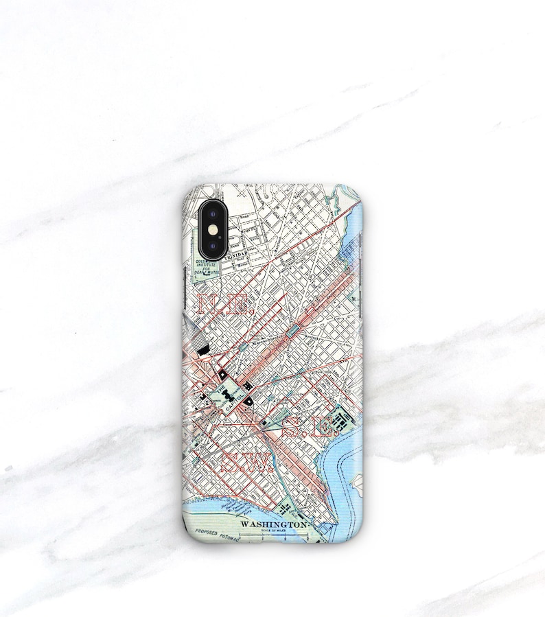 May include: A phone case featuring a vintage map of Washington, D.C. printed on it. The map shows the city's streets, landmarks, and waterways.