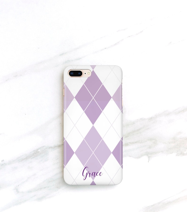 Personalized Lavender Argyle iPhone Case 13 Pro Max 12 Purple iPhone 15 14 Plus, Galaxy S22 Preppy Aesthetic iPhone 11 Xs Max CMG-ARGP image 1