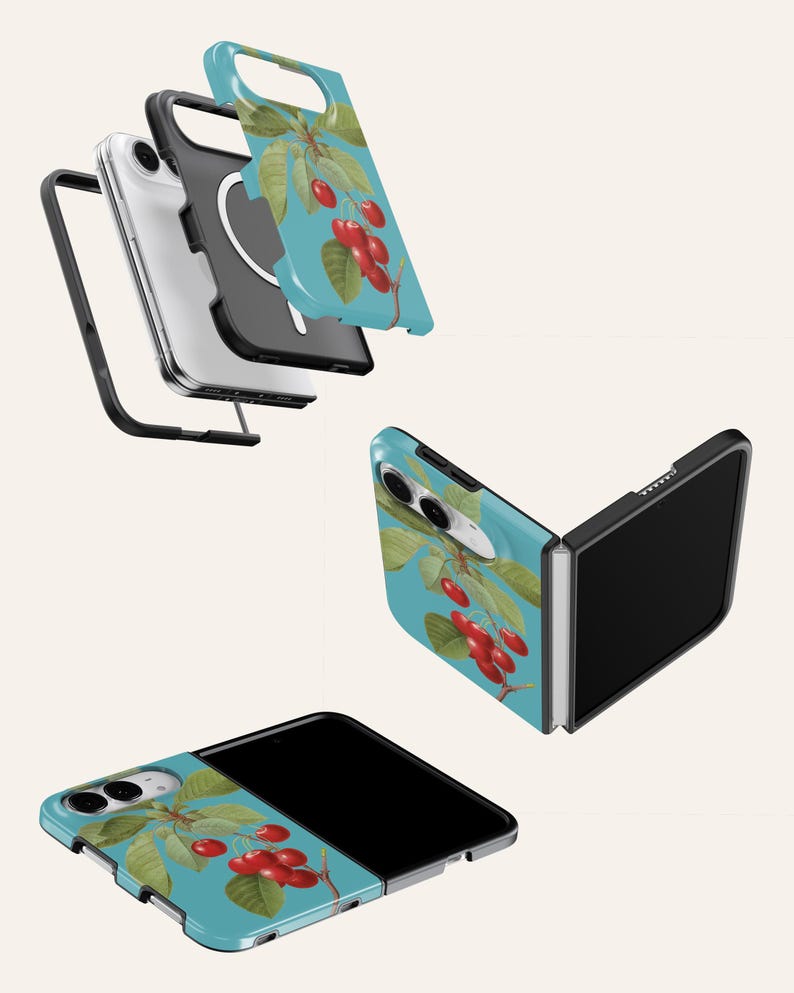 a collection of three smartphone cases, each with a unique design. The cases are predominantly blue and green in color, with a prominent design of cherries on the front. The cases appear to be made of a flexible material, suggesting they are designed to be worn over the phone's screen.