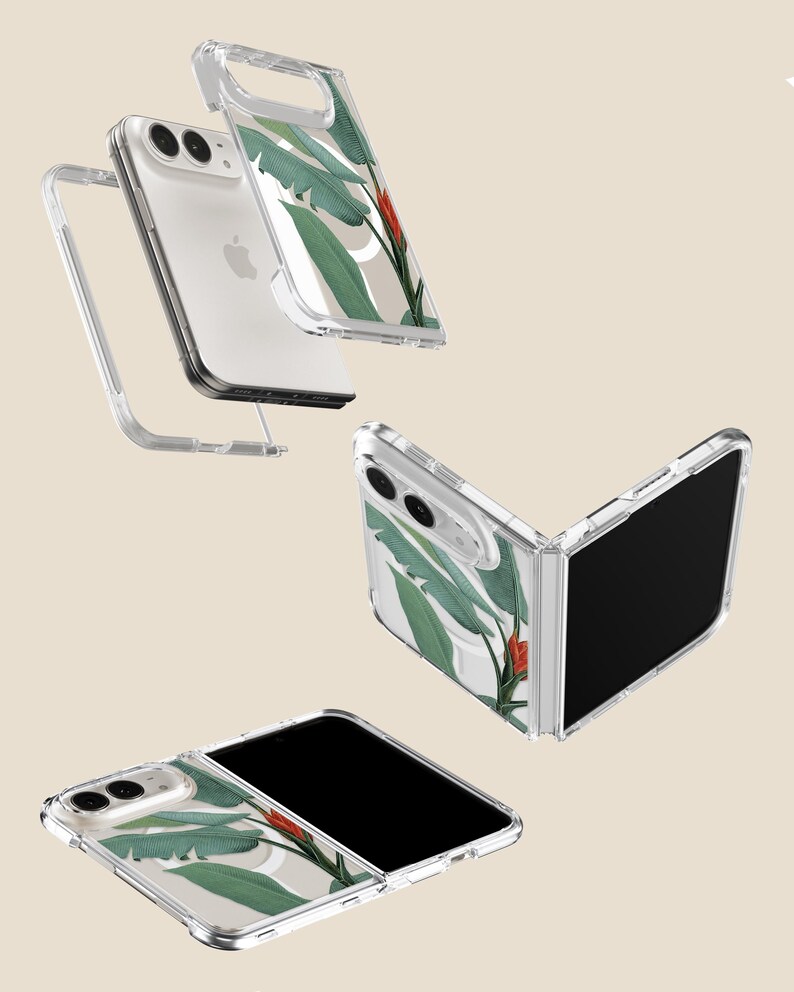 a clear phone case with a tropical leaf design, including a red flower, on a white background.
