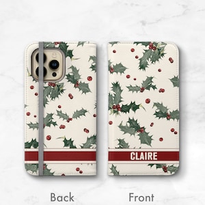Funda personalizada para teléfono con diseño de acebo inglés para iPhone 16, 15, 14 Pro Max, 13, 12 y 11, monograma o nombre, funda navideña para iPhone, vacaciones de invierno WC-HOL