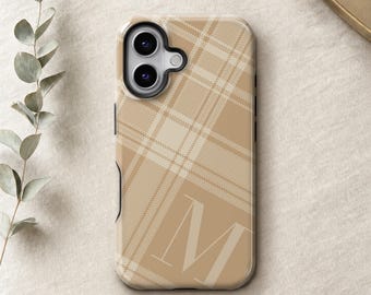 Camel Plaid Phone Case with Monogram — Tonal Beige Check, iPhone Samsung Pixel