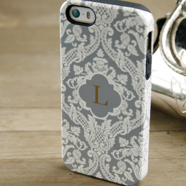 Luxury iPhone Case Monogrammed Gray Damask iPhone 12 11 Xs Max 14 15 Galaxy S20 Cream and Gray iPhone SE 2020 Personalized Gift CMG-DAMGY