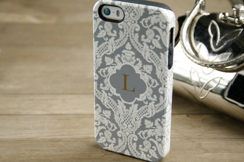 Luxury iPhone Case Monogrammed Gray Damask iPhone 12 11 Xs Max 14 15 Galaxy S20 Cream and Gray iPhone SE 2020 Personalized Gift CMG-DAMGY image 1