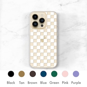 May include: A clear smartphone case featuring a repeating tan and white checkered pattern. The case is shown on a phone with a triple-lens camera system. Below the phone, seven colored circles are displayed with the labels Black, Tan, Brown, Blue, Green, Pink, and Purple.