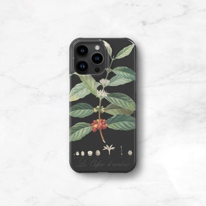 botanical coffee phone case. A black phone case with a white and green  illustration of a coffee plant with red berries. The text 'Le Cafe d'arabice' is printed on the bottom of the case.