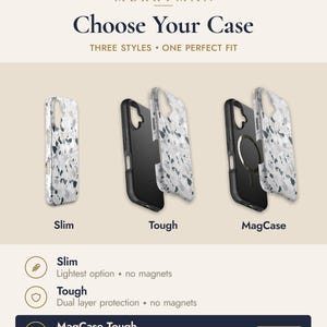 May include: A Merryman product display showing three phone case styles: Slim, Tough, and MagCase. Each case features a white, gray, and green terrazzo pattern. The MagCase includes a circular magnetic ring. Text includes Choose Your Case.