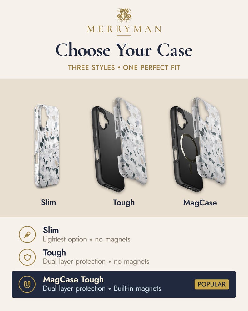 May include: A Merryman product display showing three phone case styles: Slim, Tough, and MagCase. Each case features a white, gray, and green terrazzo pattern. The MagCase includes a circular magnetic ring. Text includes Choose Your Case.