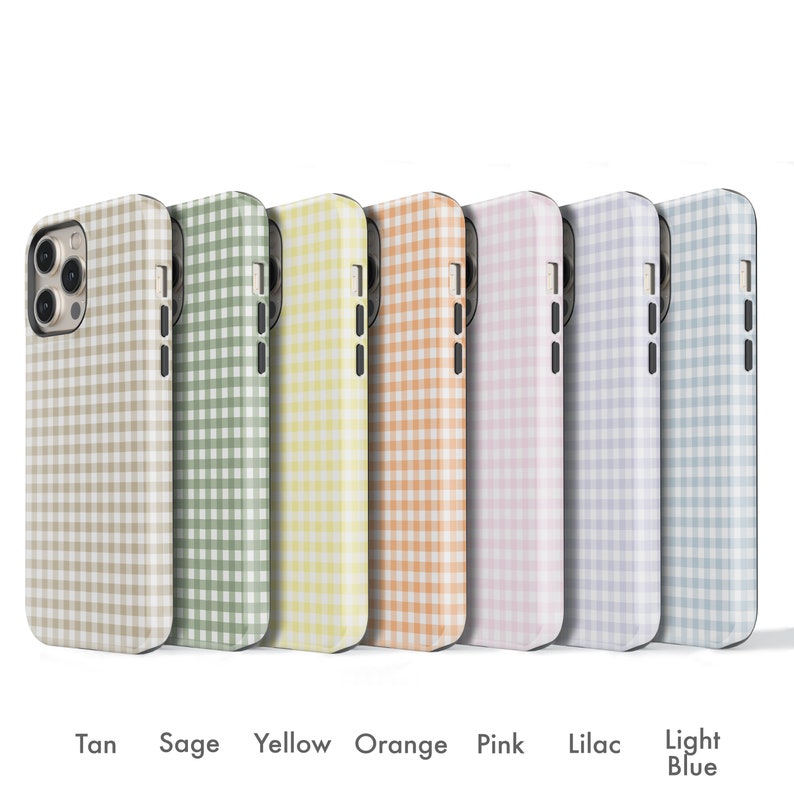 May include: Seven phone cases in a row, each with a gingham pattern in a different pastel color: tan, sage, yellow, orange, pink, lilac, and light blue. The cases have black camera and side button details, and the colors are labeled below.