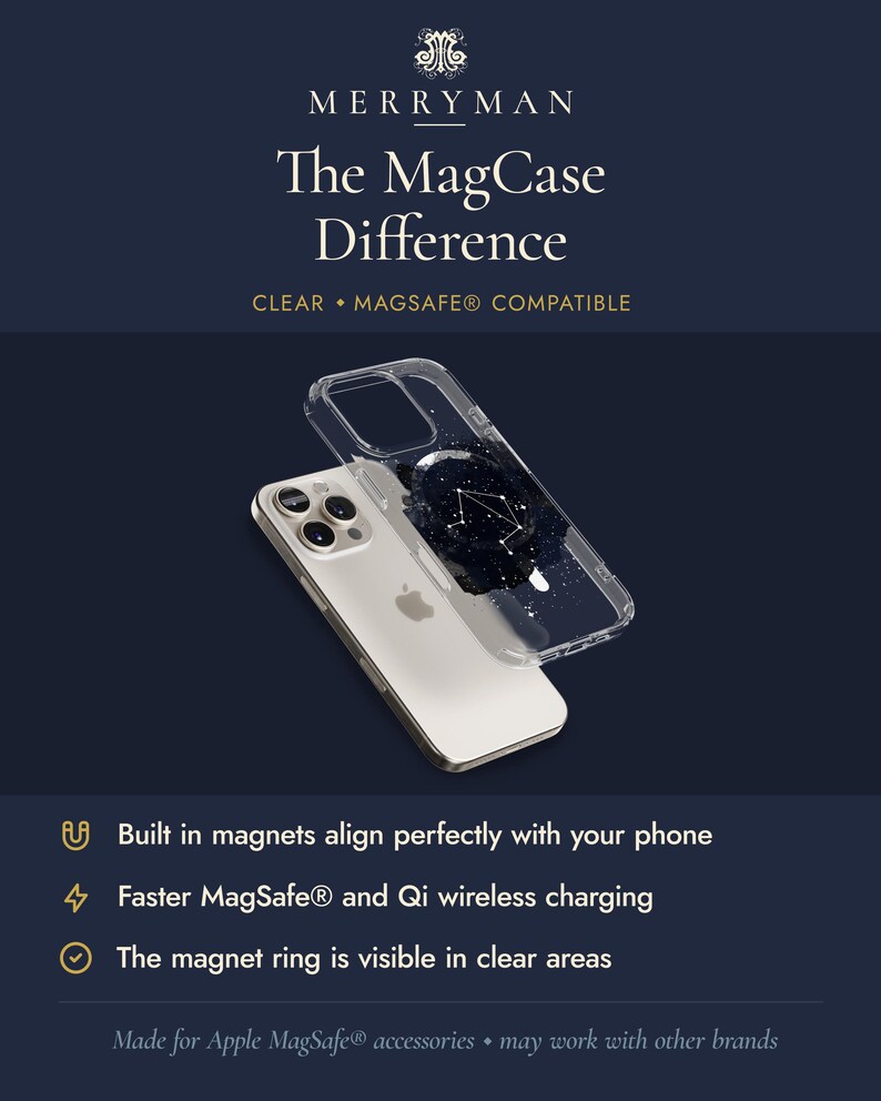 The image is an advertisement for a clear and magnetic case for an iPhone, highlighting its compatibility with the iPhone MagSafe™ accessory.
