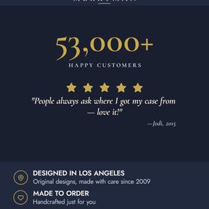 The image is a promotional image for a company called "MERRYMAN". It features a statement about the company's happy customers, a quote from a customer, and information about the company's design and manufacturing process. The image is designed in Los Angeles and is handmade, and it is a gift that the customer will love.