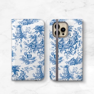Cartera para iPhone en azul y blanco, funda tipo cartera para iPhone 14+, iPhone 14 Pro Max, 13, 12 y 11, funda con tapa para mujer de piel vegana WC-WTB