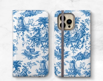 iPhone Wallet Toile Blue and White, iPhone 14 Plus Wallet Case iPhone 14 Pro Max 13 12 11 Womens Flip Phone Case Vegan Leather WC-WTB