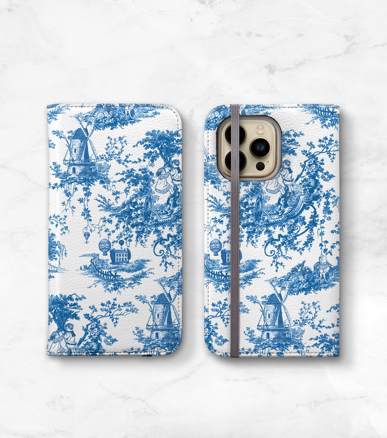 iPhone Wallet Toile Blue and White, iPhone 14 Plus Wallet Case iPhone 14 Pro Max 13 12 11 Womens Flip Phone Case Vegan Leather WC-WTB image 1