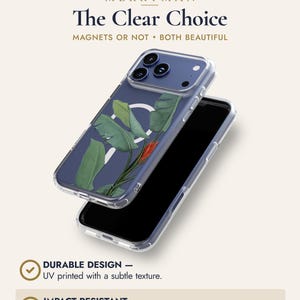 The image is an advertisement for a clear phone case with a plant design. It features a close-up view of the phone case and highlights its features, such as the UV-printed clear design and impact resistant polycarbonate back.