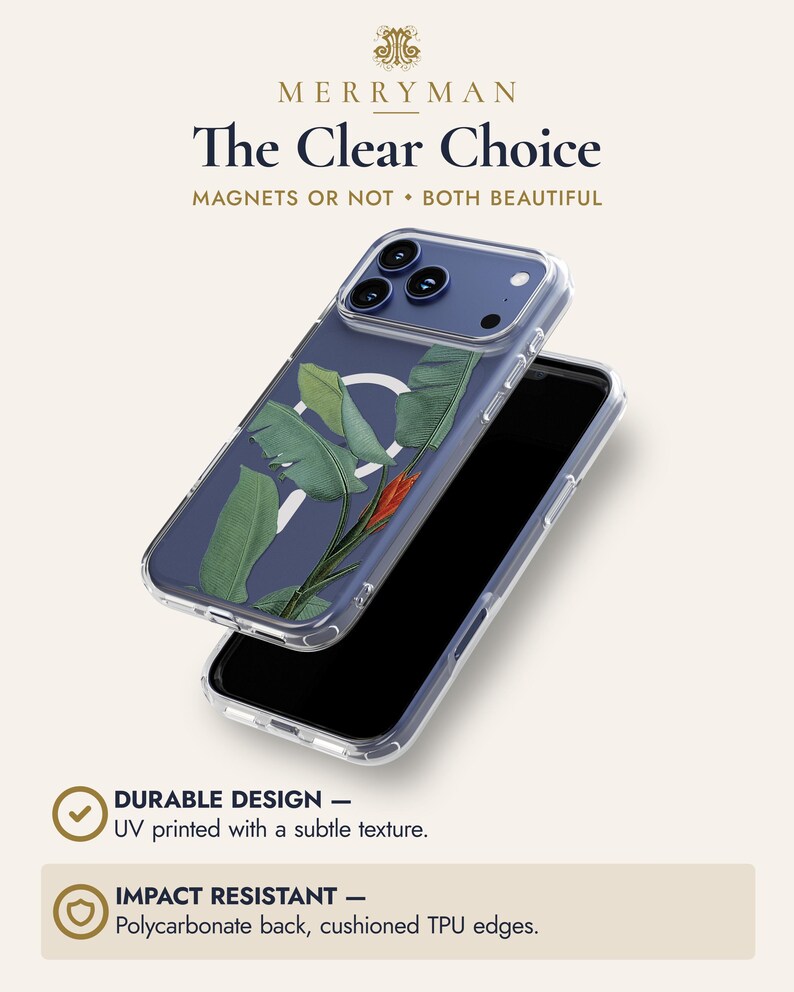 The image is an advertisement for a clear phone case with a plant design. It features a close-up view of the phone case and highlights its features, such as the UV-printed clear design and impact resistant polycarbonate back.