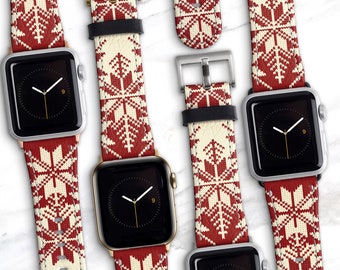 Red Fair Isles Apple Watch Band Vintage Apres Ski Aesthetic Fairisle 41mm 45mm 40 38 42mm 44mm 49mm Ultra Vegan Leather Series 8 7 6 WB-FIR