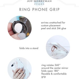 May include: A black phone ring holder with a clear mirror surface. The ring rotates 360 degrees and folds open 180 degrees. It arrives unattached for custom placement and uses 3M adhesive.