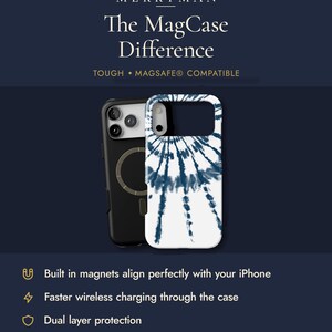 The image is an advertisement for a product called "The MagCase Difference". It features a black iPhone case with a tie-dye design and a white iPhone case with a magnetic back. The text highlights the product's features, such as being built in magnets that align perfectly with the iPhone, faster wireless charging through the case, and dual layer protection. The ad also mentions that the product is made for Apple MagSafe® accessories and may work with other brands.
