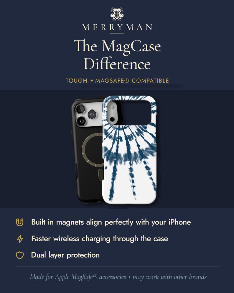 The image is an advertisement for a product called "The MagCase Difference". It features a black iPhone case with a tie-dye design and a white iPhone case with a magnetic back. The text highlights the product's features, such as being built in magnets that align perfectly with the iPhone, faster wireless charging through the case, and dual layer protection. The ad also mentions that the product is made for Apple MagSafe® accessories and may work with other brands.